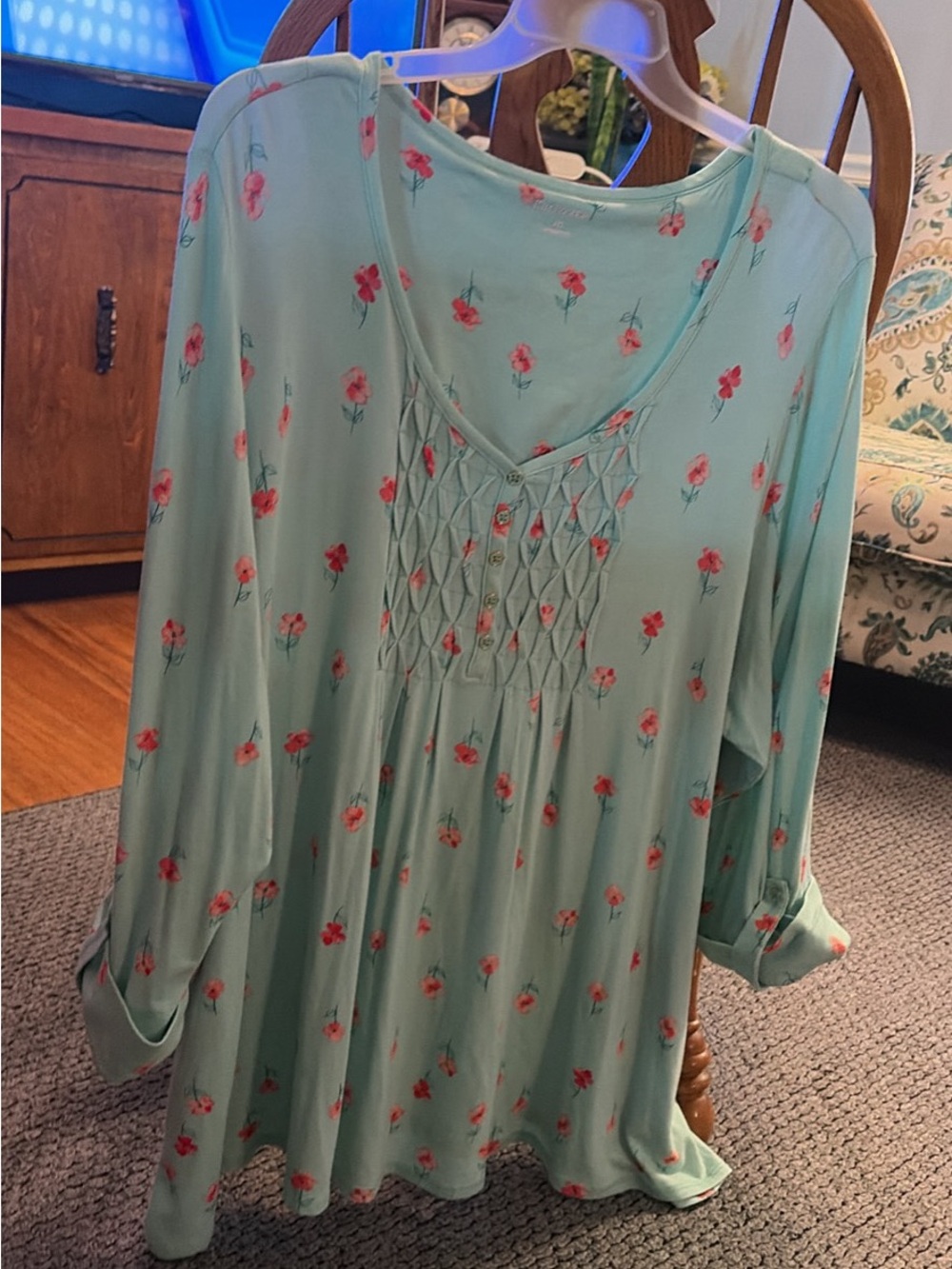 Kim Rogers Mint Green Floral Smocked V-Neck Tunic